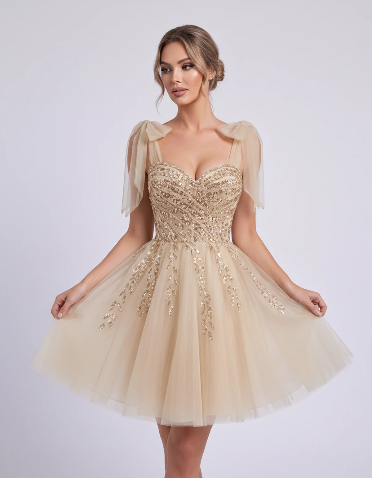 Coralie Midi Dresses — Champagne | SKU: SD-67209-champagne-2,SD-67209-champagne-4,SD-67209-champagne-6,SD-67209-champagne-8,SD-67209-champagne-10,SD-67209-champagne-12,SD-67209-champagne-14,SD-67209-champagne-14W,SD-67209-champagne-16,SD-67209-champagne-16W,SD-67209-champagne-18W,SD-67209-champagne-20W
