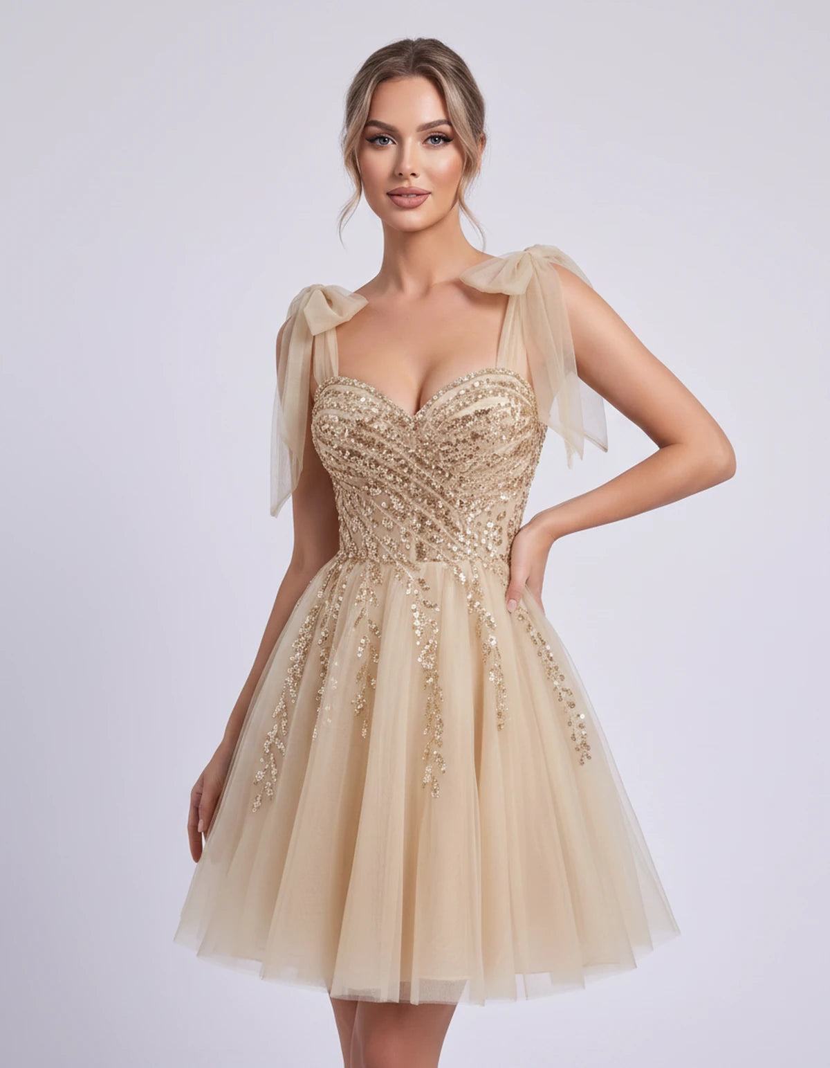 Coralie Midi Dresses — Champagne | SKU: SD-67209-champagne-2,SD-67209-champagne-4,SD-67209-champagne-6,SD-67209-champagne-8,SD-67209-champagne-10,SD-67209-champagne-12,SD-67209-champagne-14,SD-67209-champagne-14W,SD-67209-champagne-16,SD-67209-champagne-16W,SD-67209-champagne-18W,SD-67209-champagne-20W