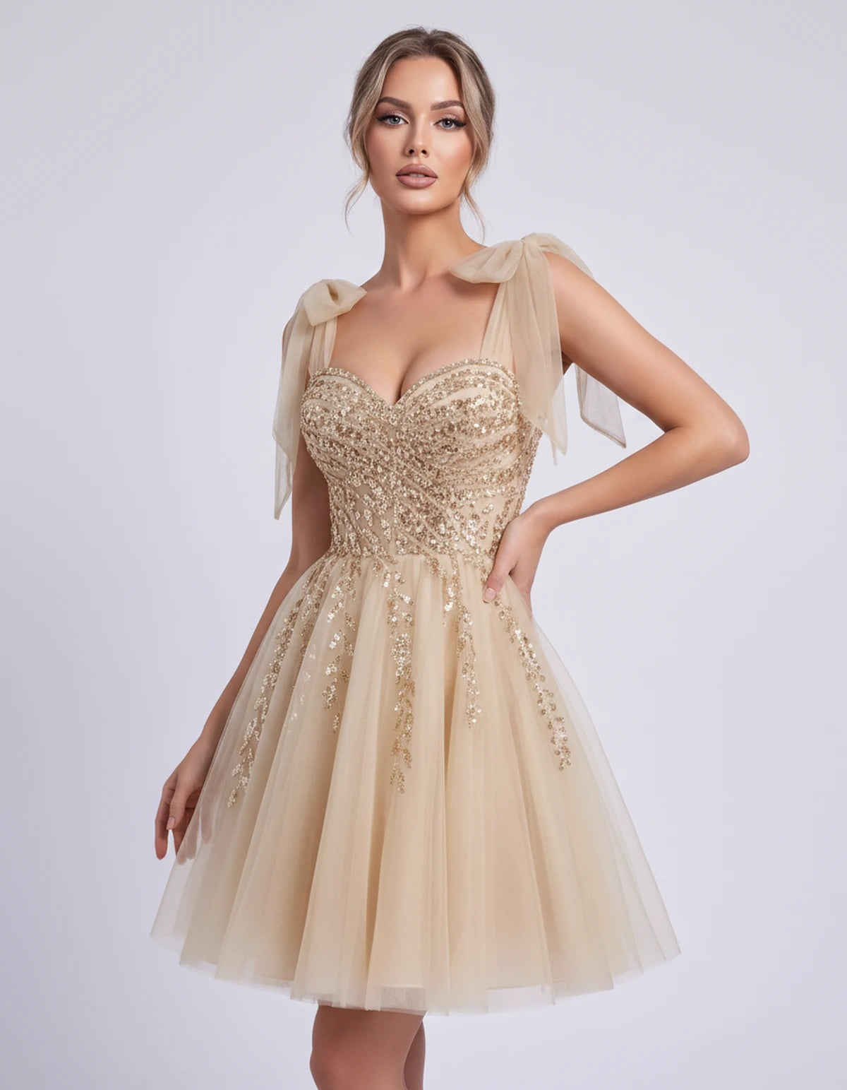 Coralie Midi Dresses — Champagne | SKU: SD-67209-champagne-2,SD-67209-champagne-4,SD-67209-champagne-6,SD-67209-champagne-8,SD-67209-champagne-10,SD-67209-champagne-12,SD-67209-champagne-14,SD-67209-champagne-14W,SD-67209-champagne-16,SD-67209-champagne-16W,SD-67209-champagne-18W,SD-67209-champagne-20W