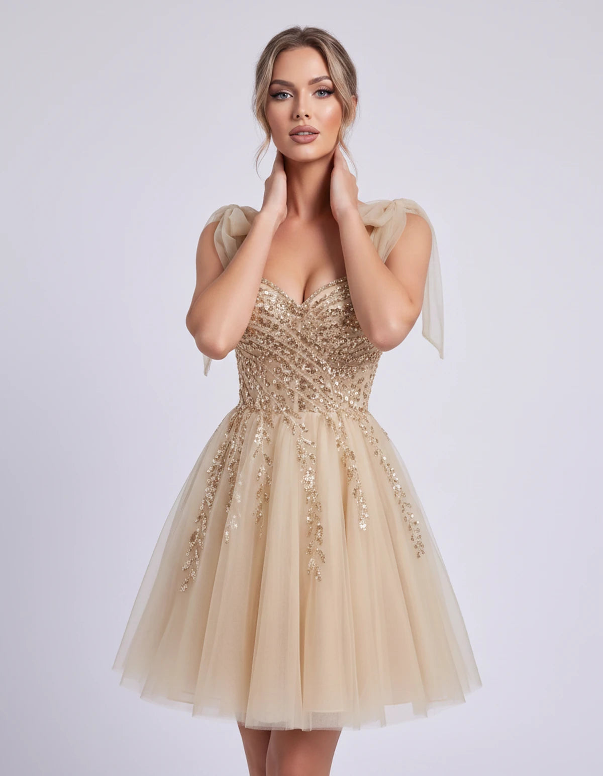 Coralie Midi Dresses — Champagne | SKU: SD-67209-champagne-2,SD-67209-champagne-4,SD-67209-champagne-6,SD-67209-champagne-8,SD-67209-champagne-10,SD-67209-champagne-12,SD-67209-champagne-14,SD-67209-champagne-14W,SD-67209-champagne-16,SD-67209-champagne-16W,SD-67209-champagne-18W,SD-67209-champagne-20W