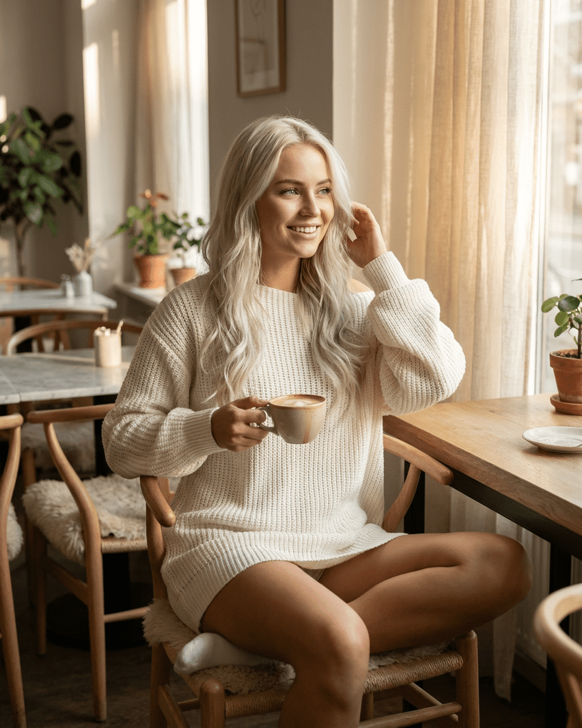 Woman in cozy white sweater enjoying coffee in a sunny cafe, showcasing relaxed fashion and warm atmosphere.