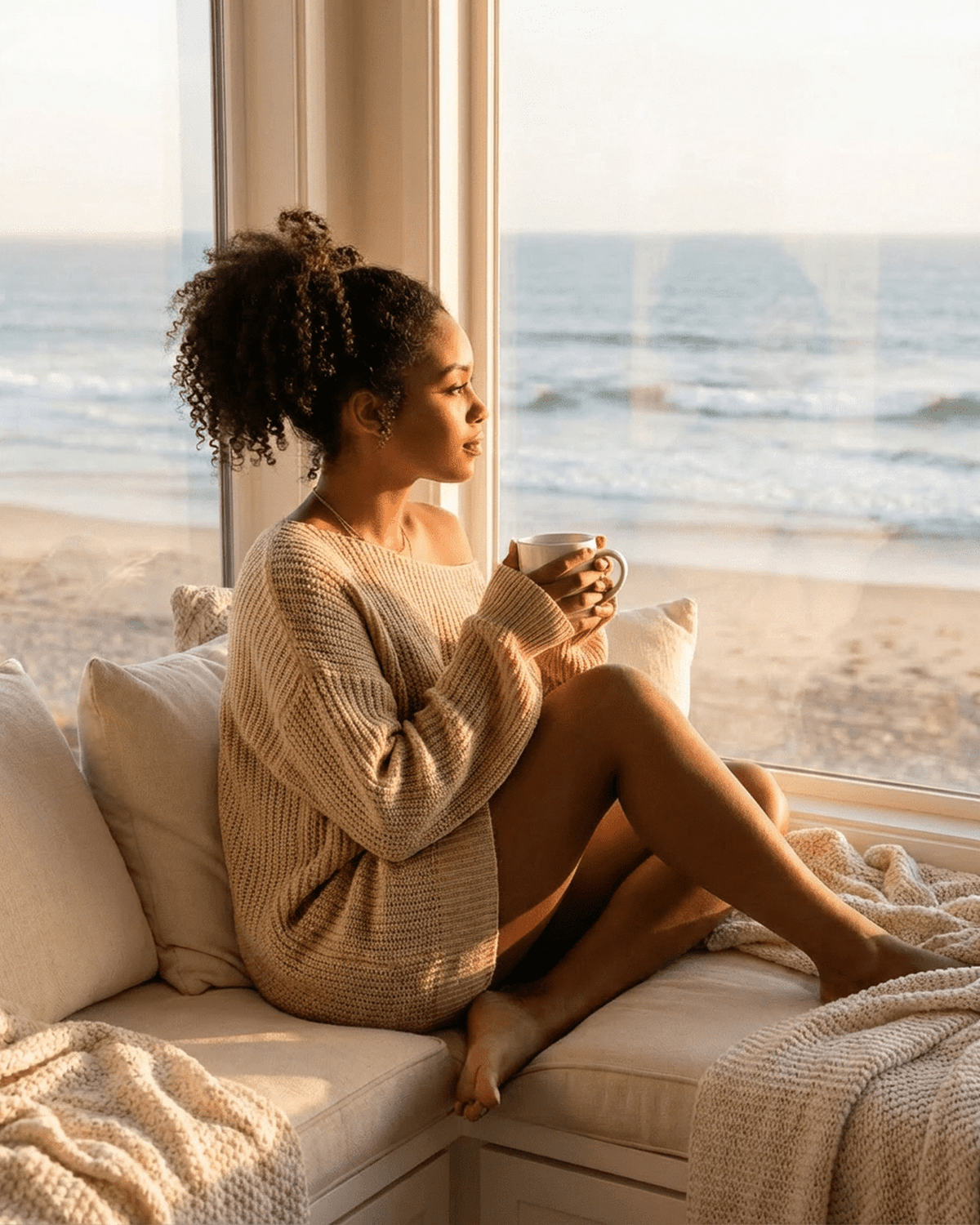 Woman in cozy oversized sweater enjoying a warm drink by the beach, near a window with scenic ocean view.