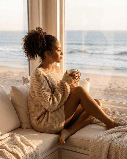 Woman in cozy oversized sweater enjoying a warm drink by the beach, near a window with scenic ocean view.