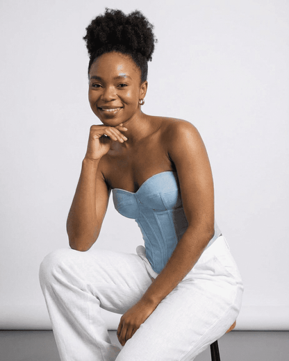 Denali Corset Top by SLIMONA - Faux denim cup bustier on model, showcasing modern design and comfort.