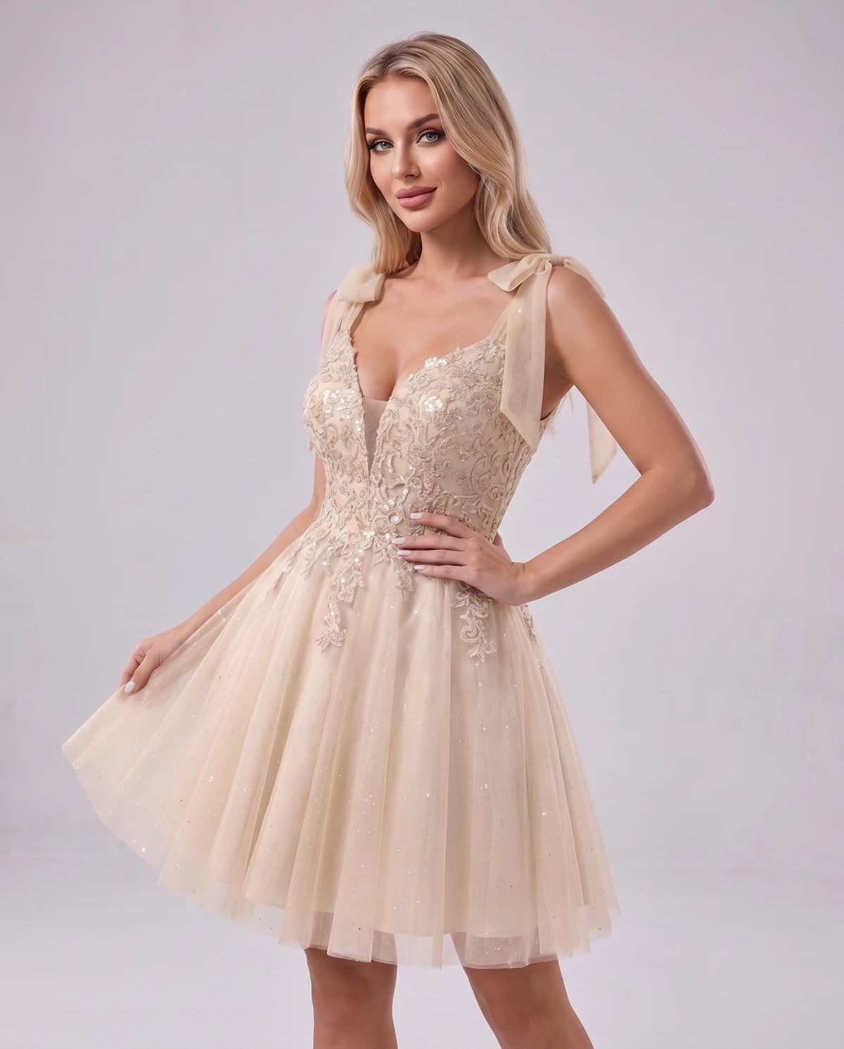 Doriane Mini Dress — Champagne | SKU: SD-45004-champagne-2,SD-45004-champagne-4,SD-45004-champagne-6,SD-45004-champagne-8,SD-45004-champagne-10,SD-45004-champagne-12,SD-45004-champagne-14,SD-45004-champagne-14W,SD-45004-champagne-16,SD-45004-champagne-16W,SD-45004-champagne-18W,SD-45004-champagne-20W