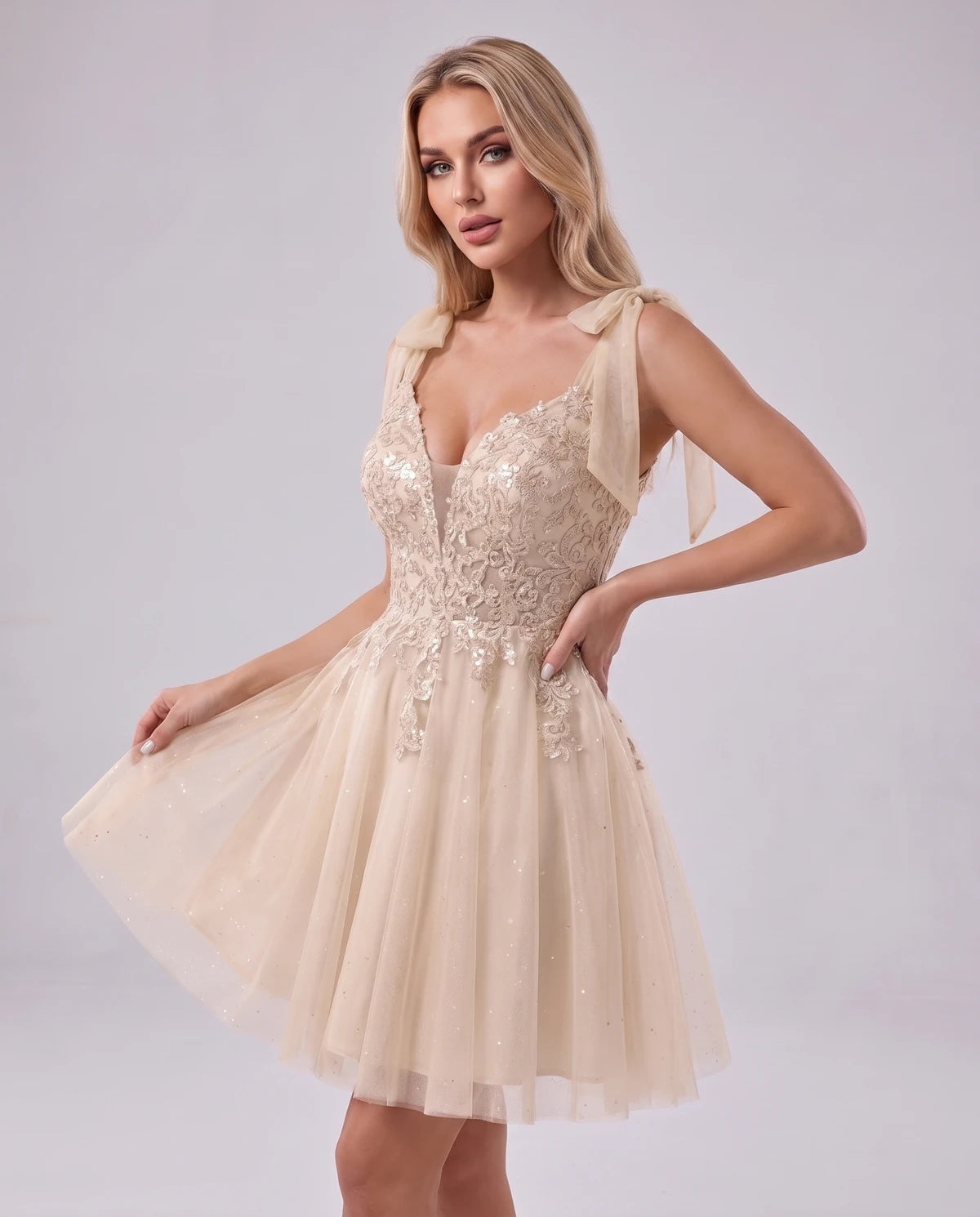Doriane Mini Dress — Champagne | SKU: SD-45004-champagne-2,SD-45004-champagne-4,SD-45004-champagne-6,SD-45004-champagne-8,SD-45004-champagne-10,SD-45004-champagne-12,SD-45004-champagne-14,SD-45004-champagne-14W,SD-45004-champagne-16,SD-45004-champagne-16W,SD-45004-champagne-18W,SD-45004-champagne-20W