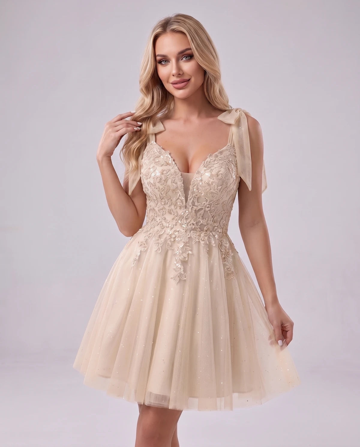 Doriane Mini Dress — Champagne | SKU: SD-45004-champagne-2,SD-45004-champagne-4,SD-45004-champagne-6,SD-45004-champagne-8,SD-45004-champagne-10,SD-45004-champagne-12,SD-45004-champagne-14,SD-45004-champagne-14W,SD-45004-champagne-16,SD-45004-champagne-16W,SD-45004-champagne-18W,SD-45004-champagne-20W