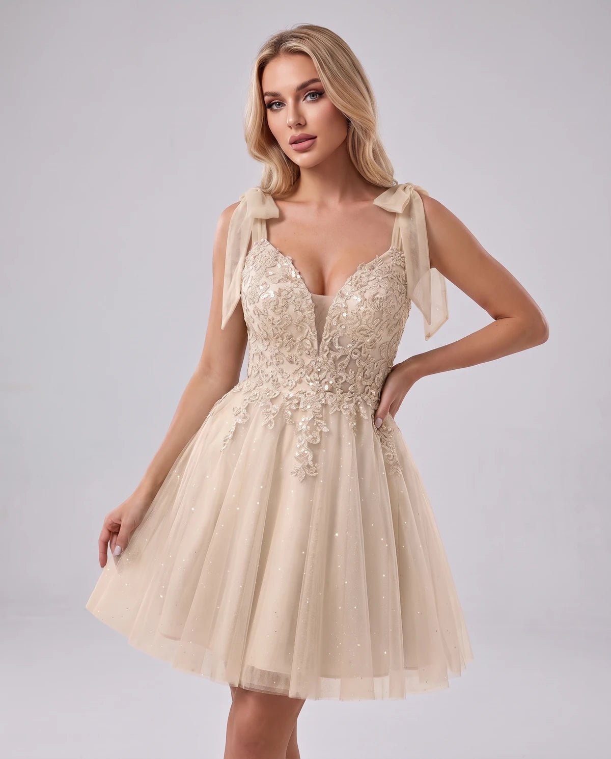 Doriane Mini Dress — Champagne | SKU: SD-45004-champagne-2,SD-45004-champagne-4,SD-45004-champagne-6,SD-45004-champagne-8,SD-45004-champagne-10,SD-45004-champagne-12,SD-45004-champagne-14,SD-45004-champagne-14W,SD-45004-champagne-16,SD-45004-champagne-16W,SD-45004-champagne-18W,SD-45004-champagne-20W
