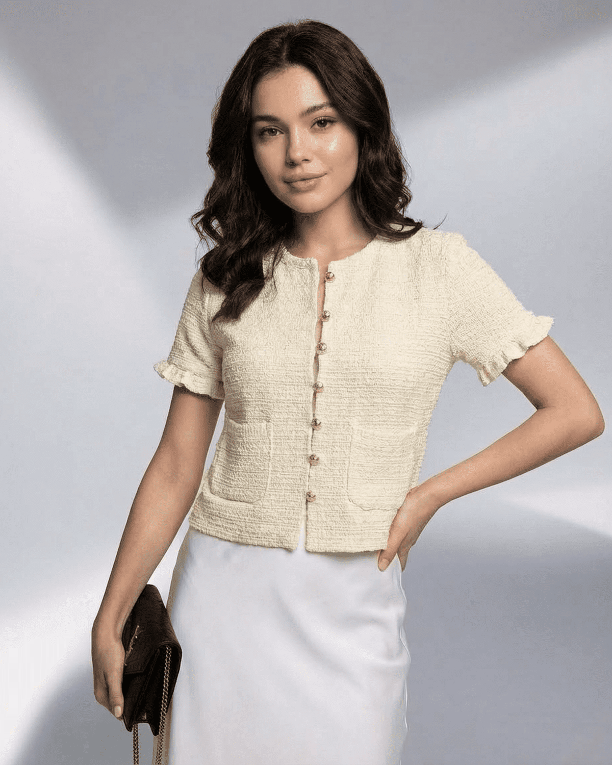 Elara Cardigan by SLIMONA, short sleeve button knitwear, perfect for warm-weather layering.