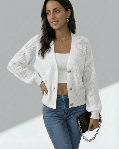 Elara Cardigan by SLIMONA worn with casual outfit, showcasing lightweight knitwear and button-front design.