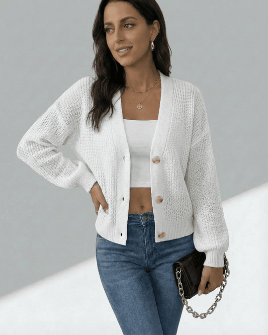 Elara Cardigan by SLIMONA worn with casual outfit, showcasing lightweight knitwear and button-front design.