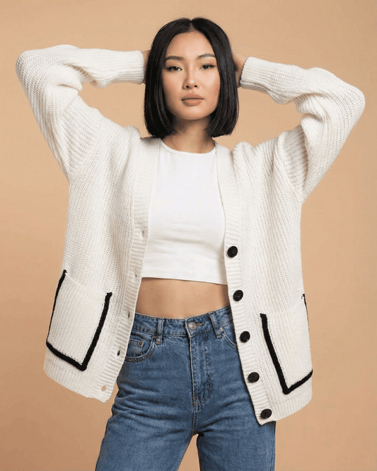 Elara Cardigan by SLIMONA, loose fit V-neck color block knit sweater with pockets, perfect for casual everyday styling.