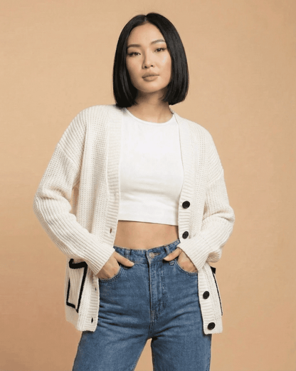 Elara Cardigan by SLIMONA, women's loose fit V-neck color block knit cardigan sweater with button-front design.