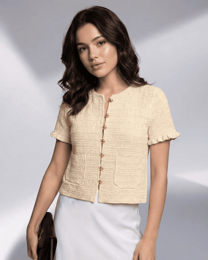 Elara Cardigan by SLIMONA - Short sleeve, lightweight knitwear with a clean silhouette and button closure.