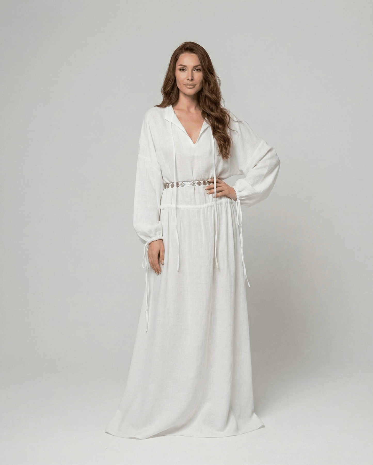 Elara Maxi Dress by SLIMONA, white cotton A-Line dress with adjustable waist and long sleeves.