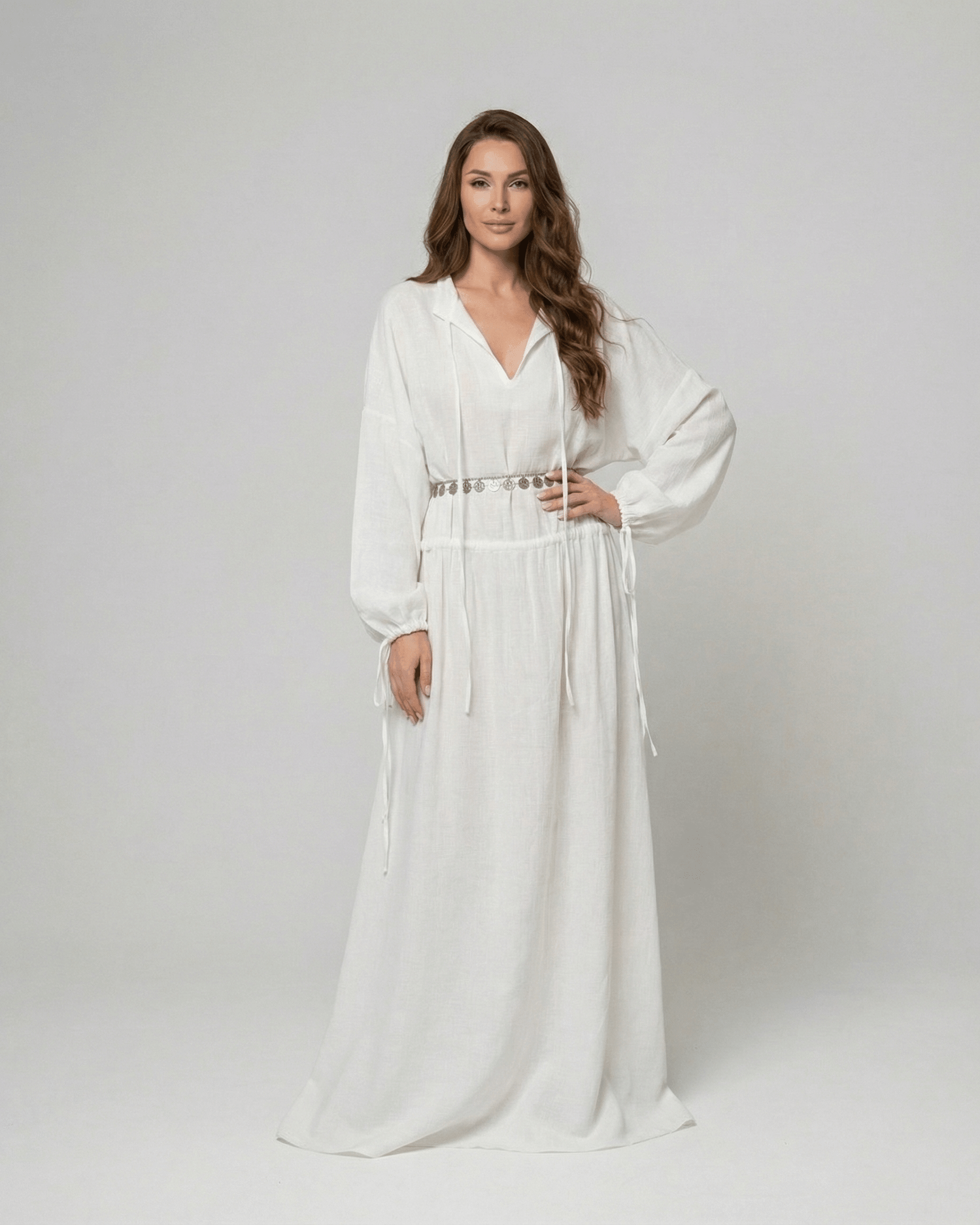 Elara Maxi Dress by SLIMONA, white cotton A-Line dress with adjustable waist and long sleeves.