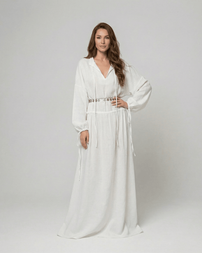 Elara Maxi Dress by SLIMONA, white cotton A-Line dress with adjustable waist and long sleeves.