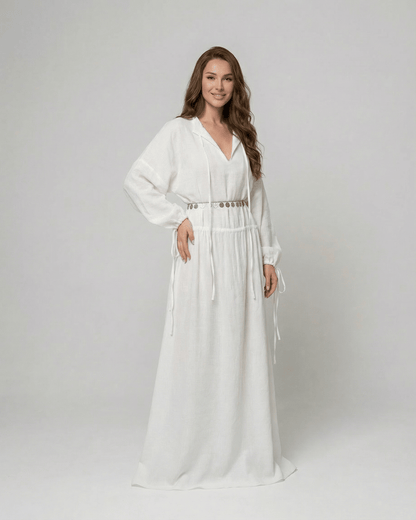 Elara Maxi Dress by SLIMONA - Cotton A-Line Maxi Dress with Adjustable Waist and Long Sleeves