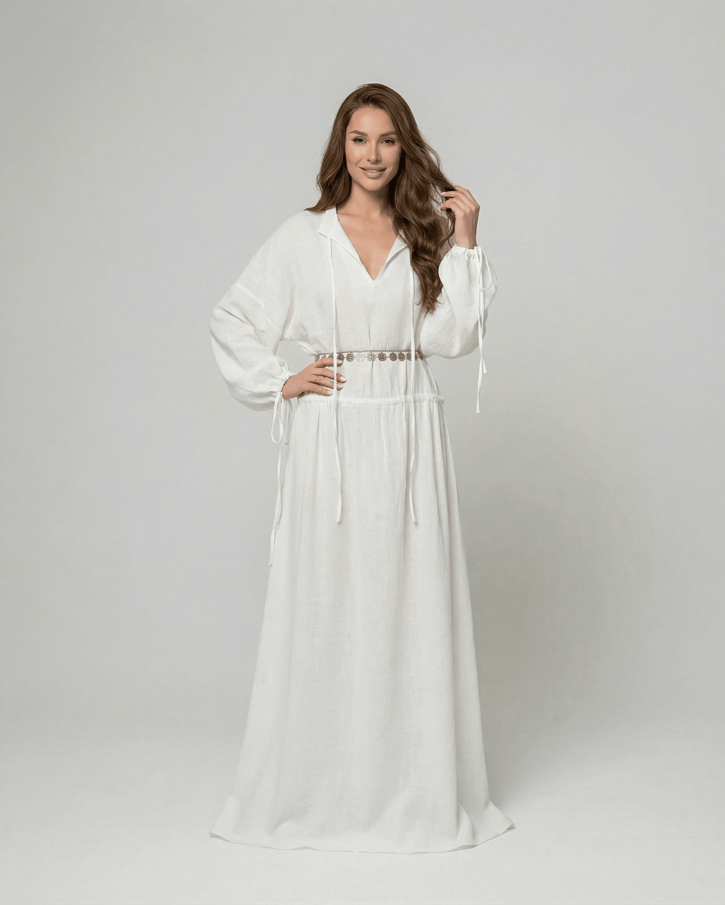 Elara Maxi Dress by SLIMONA - A-Line Cotton dress with adjustable waist and long sleeves, perfect for warm weather.