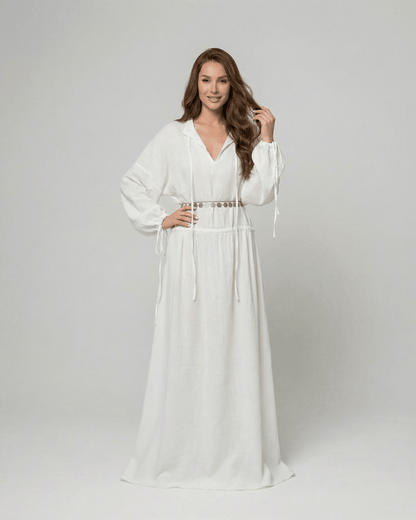 Elara Maxi Dress by SLIMONA - A-Line Cotton dress with adjustable waist and long sleeves, perfect for warm weather.