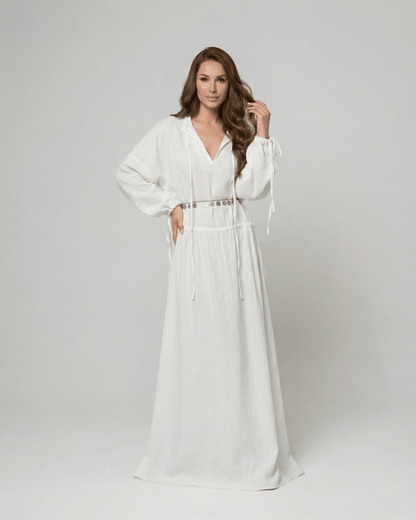 Elara Maxi Dress by SLIMONA, a refined cotton A-Line maxi dress, featuring adjustable waist and long sleeves.