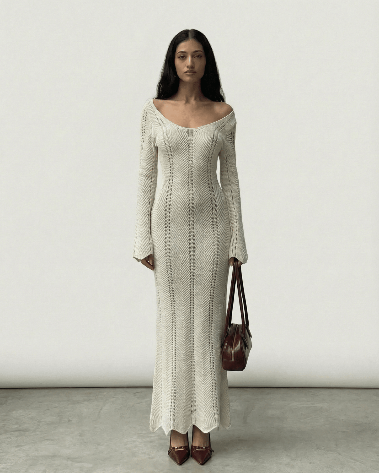Elara Maxi Dress by Lauven - Ribbed V-Neck Bodycon Dress with Long Flare Sleeves