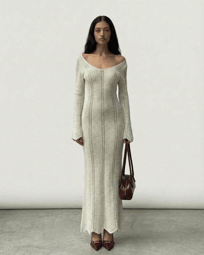 Elara Maxi Dress by Lauven - Ribbed V-Neck Bodycon Dress with Long Flare Sleeves