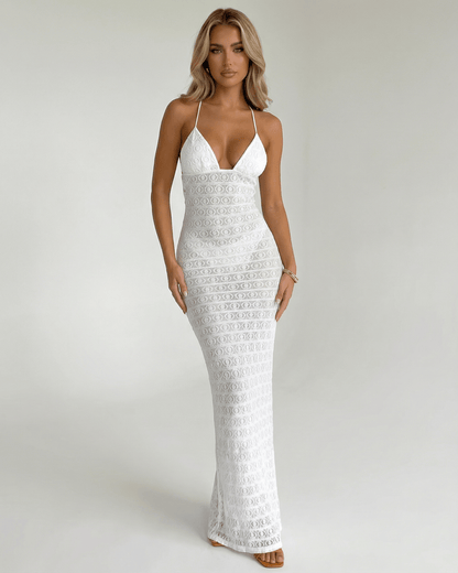 Elara Maxi Dress by Lauven: Elegant white lace V-neck halter dress featuring a sleek silhouette and delicate design.