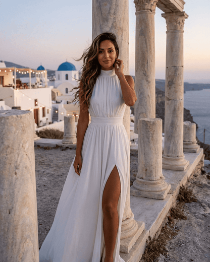 Elara Maxi Dress by SLIMONA, sleeveless turtleneck maxi dress with side slit and high waist, perfect for evening occasions.