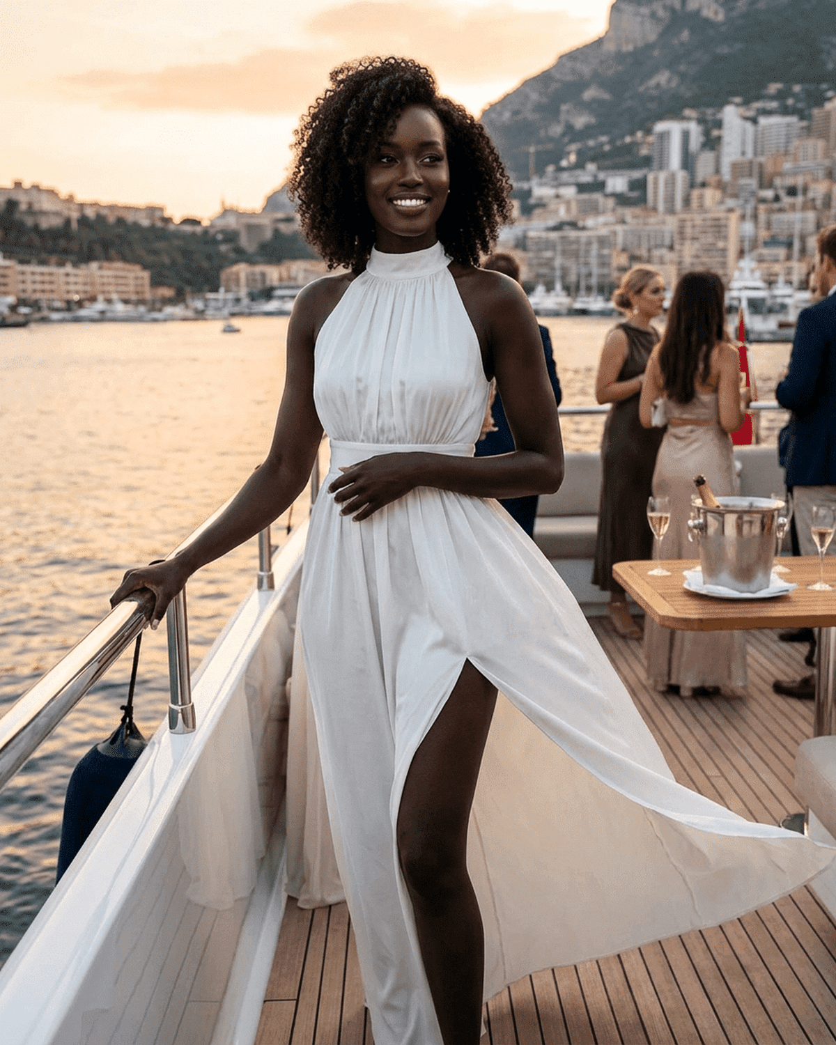 Elegant model wearing Elara Maxi Dress at sunset, showcasing the sleeveless turtleneck design and high waist slit.