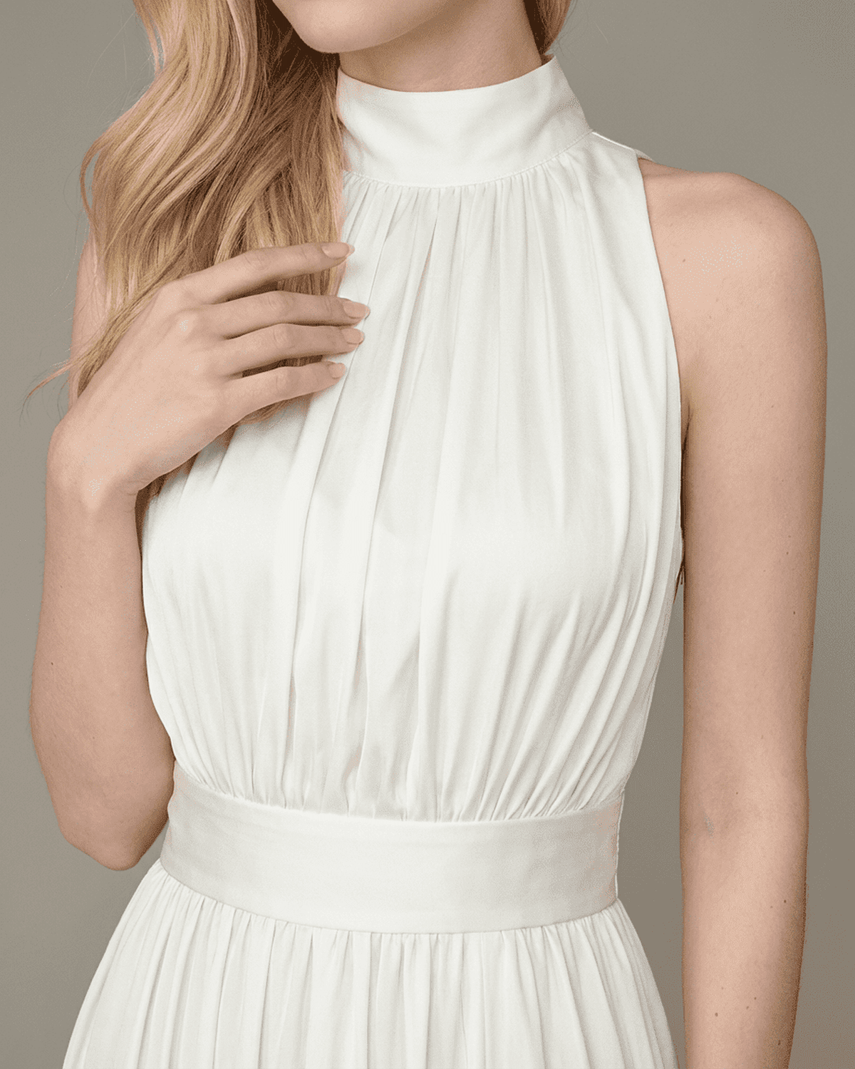 Elara Maxi Dress by SLIMONA, elegant sleeveless turtleneck with soft vertical pleating and high waist design.