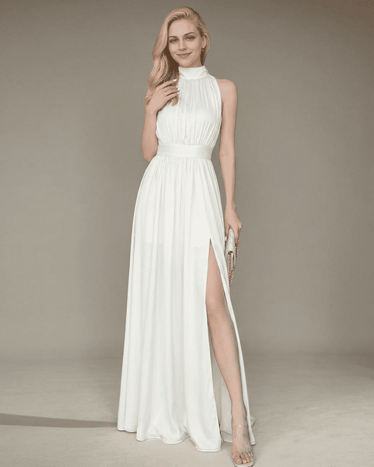 Elara Maxi Dress by SLIMONA - Elegant sleeveless turtleneck maxi dress with high waist and side slit in white.