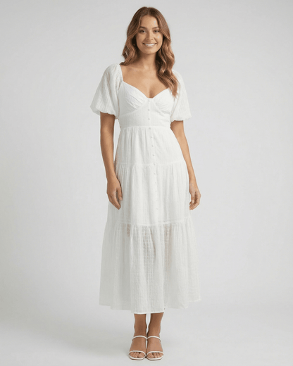 Elara Midi Dress by Lauven – Elegant white A-line silhouette with puff sleeves, perfect for modern femininity.