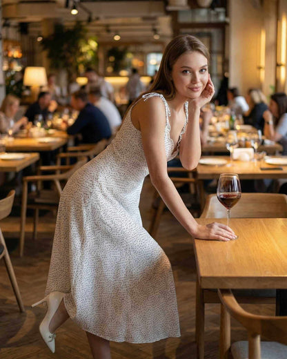 Elara Midi Dress by Lauven, elegant A-line silhouette with polka dot detail, perfect for dining or casual occasions.