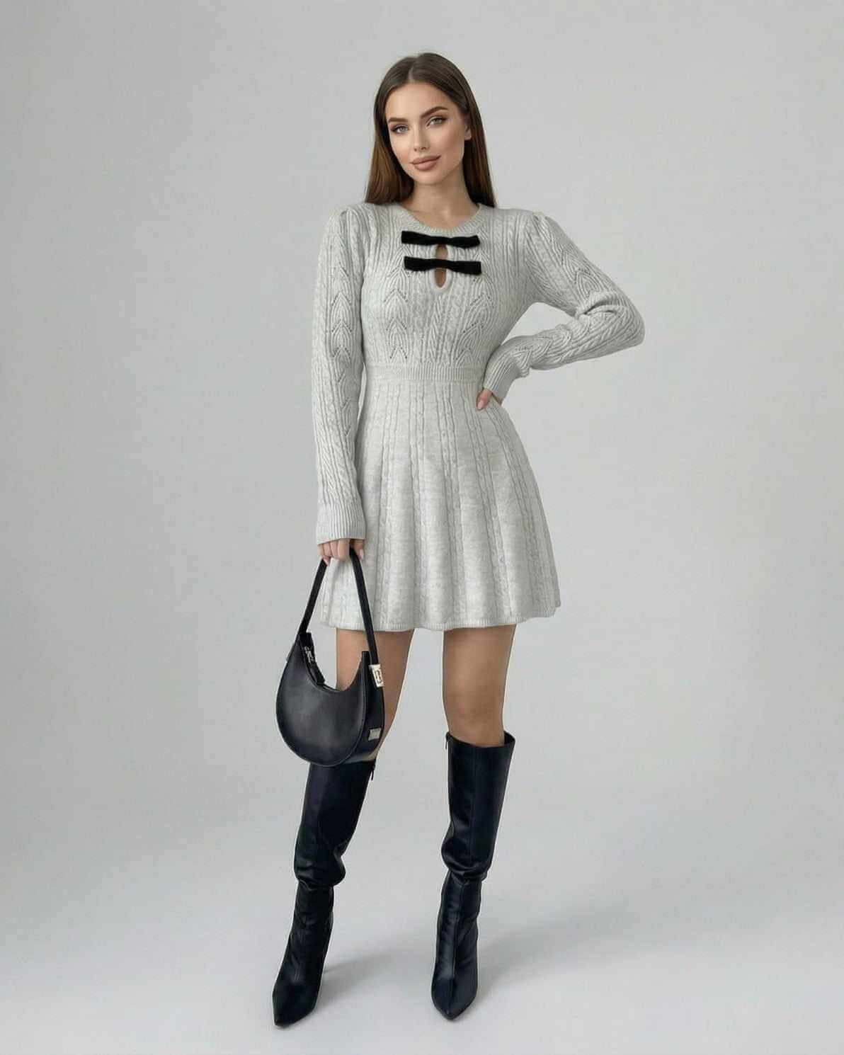 Elara Mini Dress by Lauven, a long sleeve knit mini dress with bow detail in a stylish gray finish.