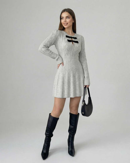 Elara Mini Dress by Lauven - Long Sleeve Knit Mini Dress with Bow Detail, featuring a polished silhouette and textured finish.