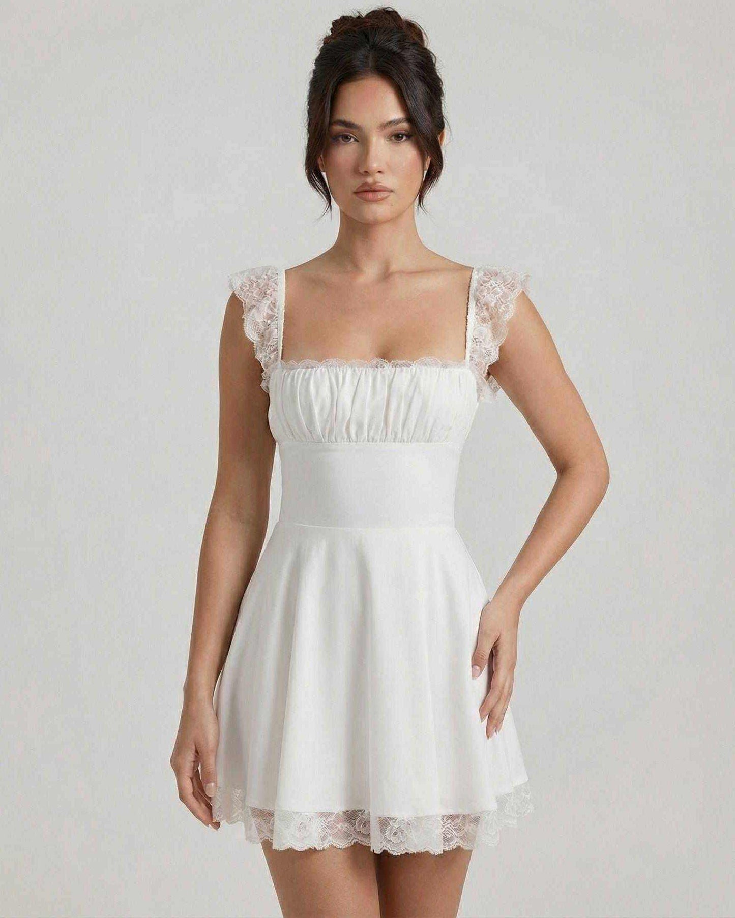 Elara Mini Dress by Lauven features lace cap sleeves and a fitted bodice, showcasing a vintage-inspired A-line silhouette.