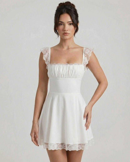 Elara Mini Dress by Lauven features lace cap sleeves and a fitted bodice, showcasing a vintage-inspired A-line silhouette.