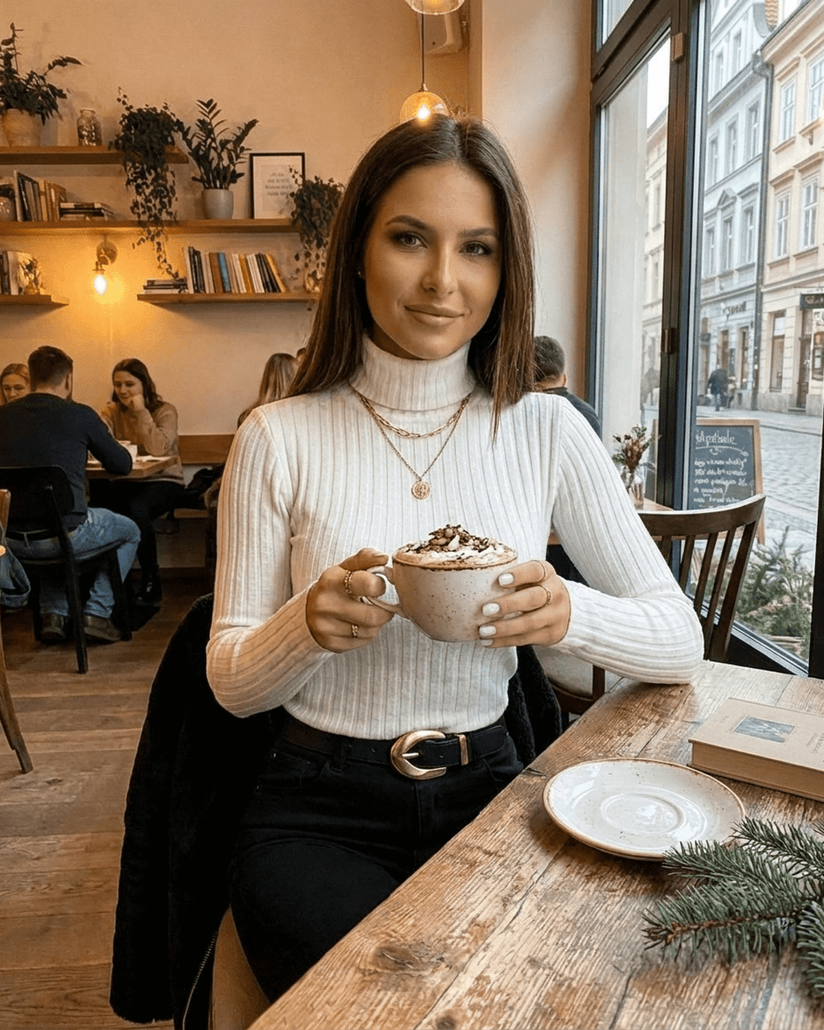 Woman wearing Elara Sweater, enjoying a cozy coffee in a stylish café setting.