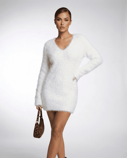 Elara Sweater by SLIMONA, a women's V-neck fuzzy plush knit designed for cozy luxury in fall and winter.