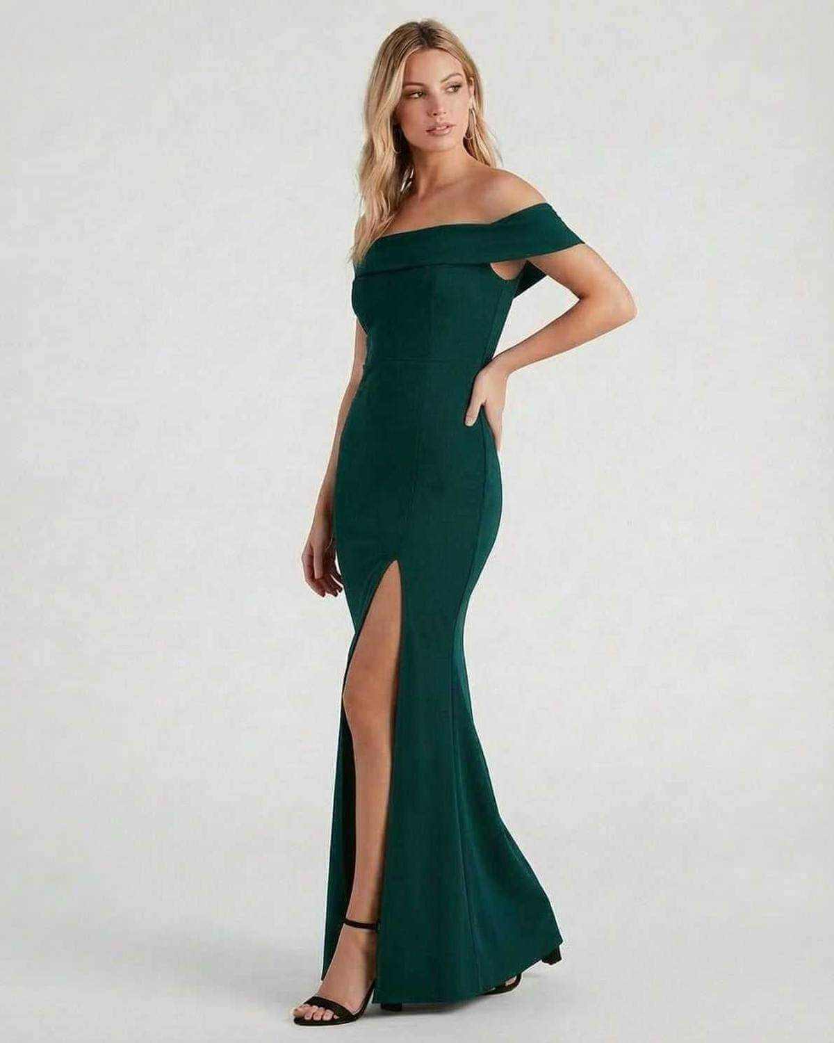 Emerald Maxi Dress by SLIMONA, elegant off-the-shoulder crepe knit dress with a high slit.