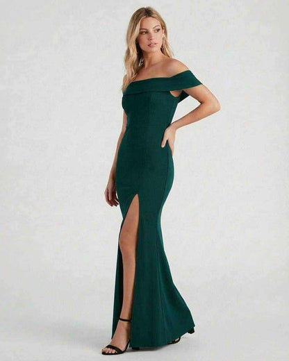 Emerald Maxi Dress by SLIMONA, elegant off-the-shoulder crepe knit dress with a high slit.