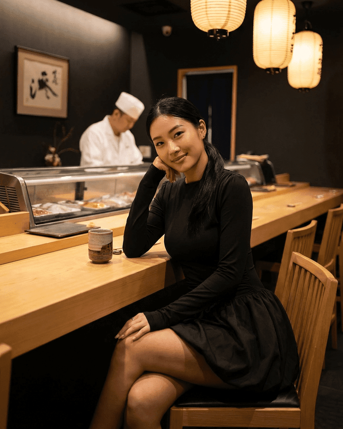 Woman wearing Elara Mini Dress at a sushi restaurant with a chef in the background, elegant and stylish ambiance.