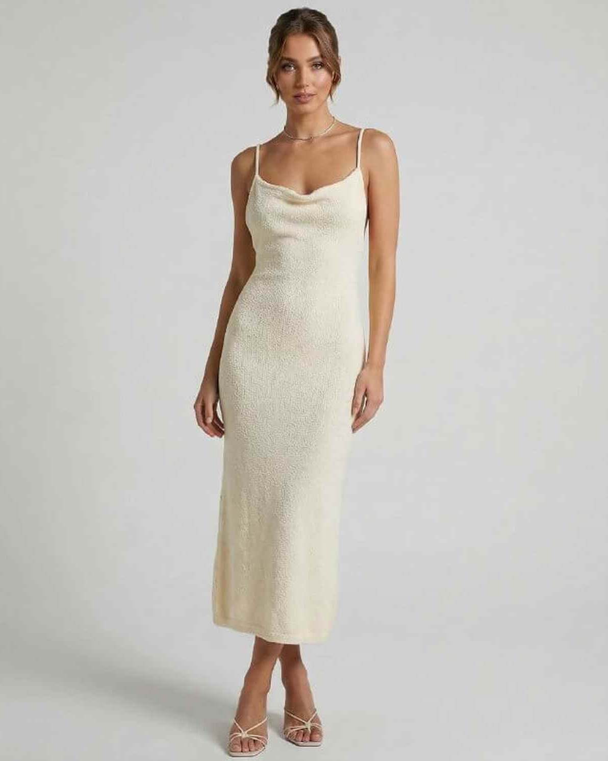 Elowen Midi Dress by Lauven - Cream Spaghetti Strap Midi Dress with Elegant Slim Silhouette