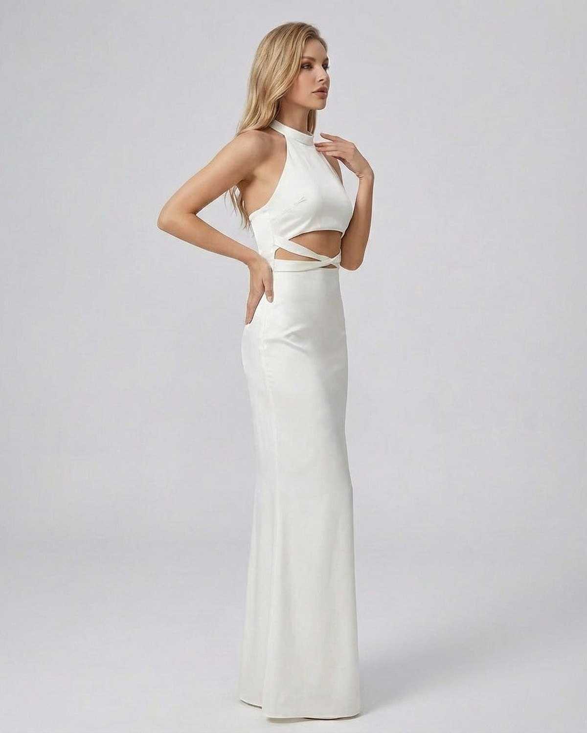 Elysia Maxi Dress by SLIMONA, elegant halter neck bodycon maxi dress in solid white with cutout waist detail.