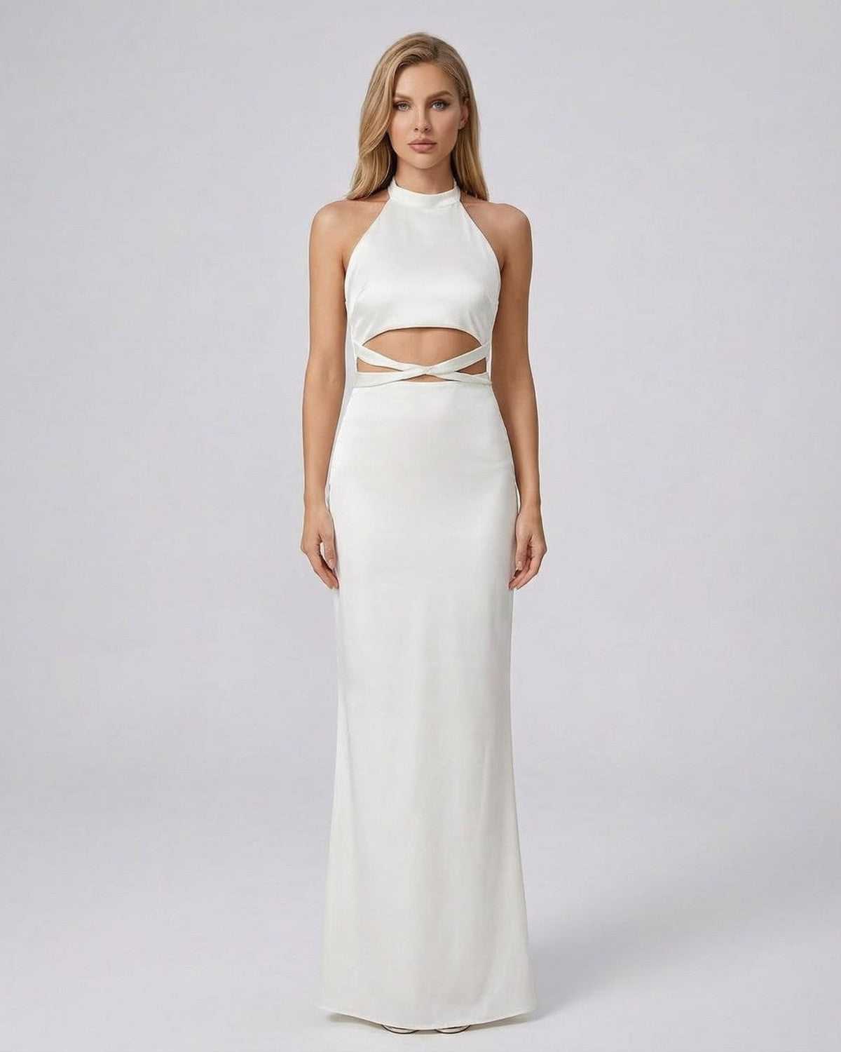 Elysia Maxi Dress by SLIMONA in solid white with a halter neck and modern cutout waist detail.
