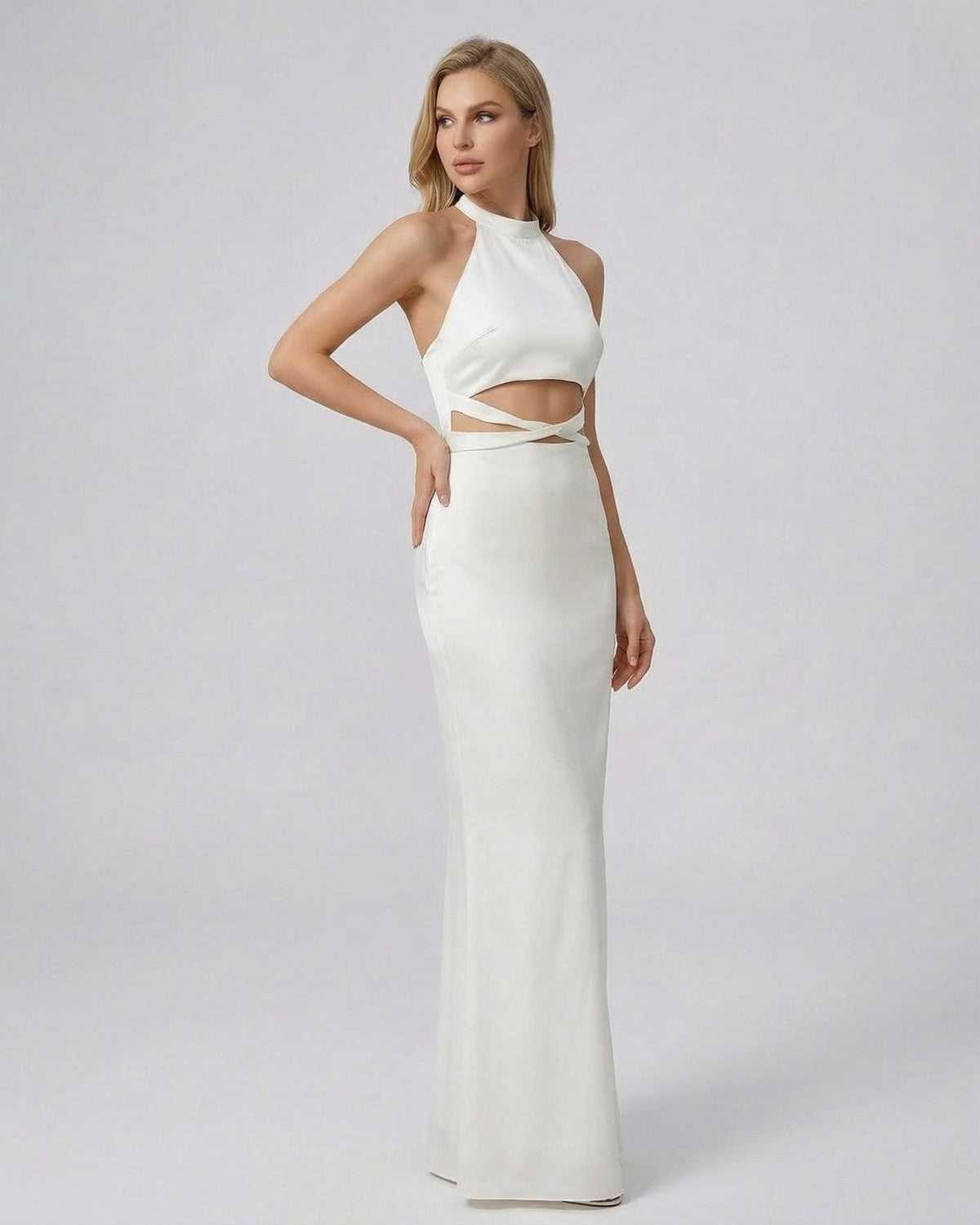 Elysia Maxi Dress by SLIMONA, halter neck bodycon design in solid white with stylish cutout waist detail.