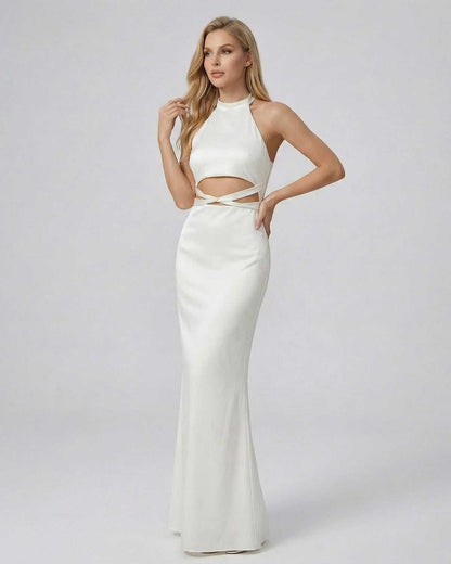 Elysia Maxi Dress by SLIMONA - Halter Neck Bodycon Maxi Dress in Solid White with Cutout Detail.