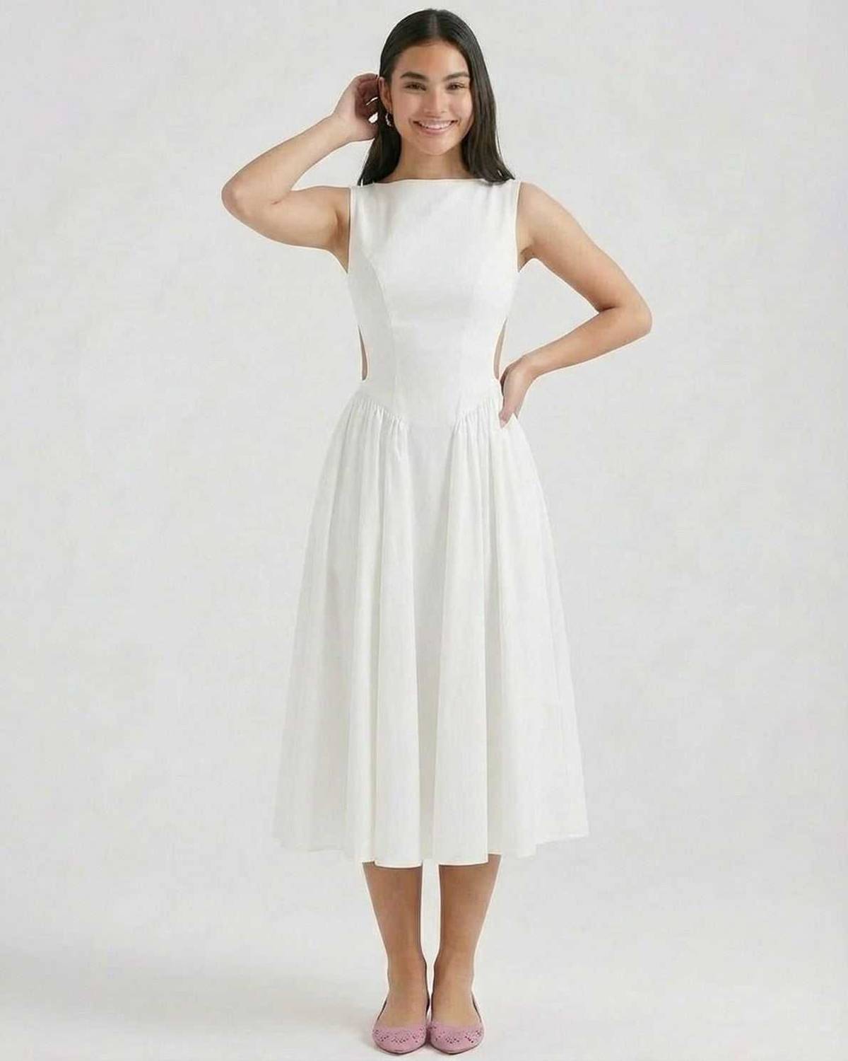 Elysia Midi Dress by SLIMONA, elegant A-Line midi with open back detail, perfect for special occasions.