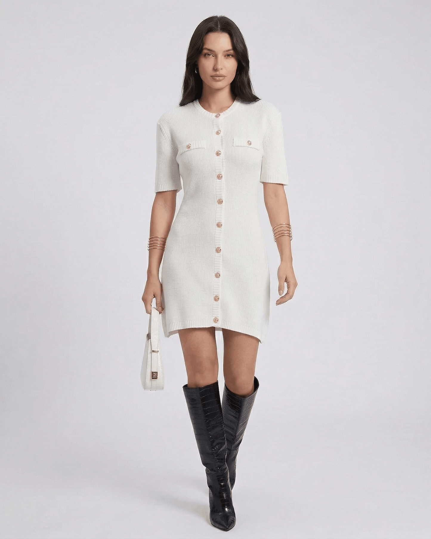 Elysia Mini Dress by Lauven featuring button closure and short sleeves, showcasing casual knit elegance.